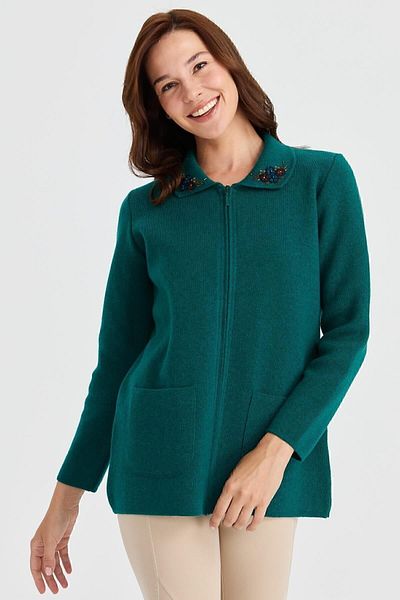 Desen Triko Guler polo damă cu cardigan din lână brodat din dantelă K.Ö.başı
