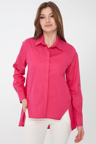 Desen Triko Γυναικείο βαμβακερό πουκάμισο με κουμπιά φούξια