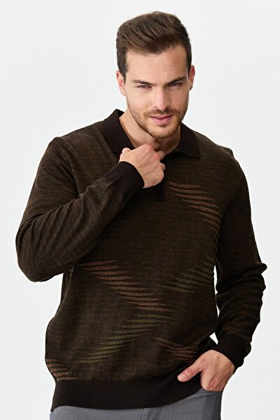 Desen Triko Men's Colorful Wave Patterned Polo Neck Fine Knitwear Sweater Brown