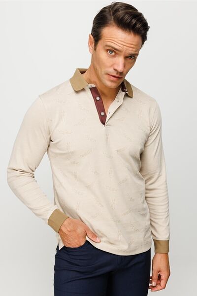 Desen Triko Ανδρικό φούτερ με γιακά πόλο με μοτίβο μπεζ