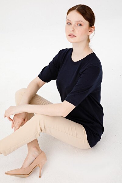 Desen Triko Women's Lycra Short Sleeve Crew Neck Plain Blouse Dark Blue