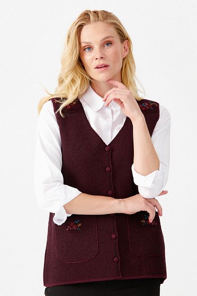 Desen Triko Women's V-Neck Shoulder Pocket Cover Felt Embroidered Buttoned Vest Red
