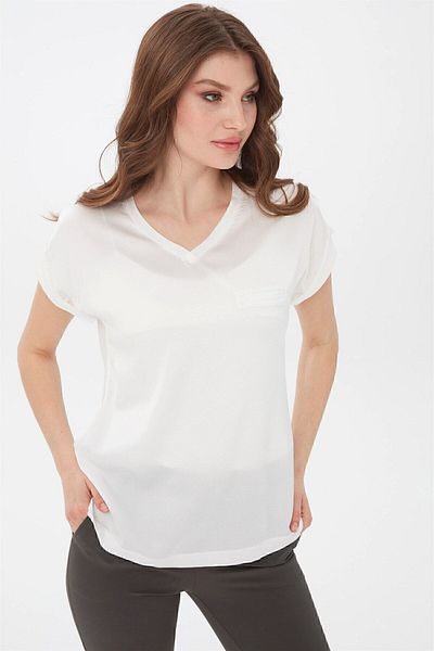 Desen Triko Women's V-Neck Front Satin Blouse Ecru