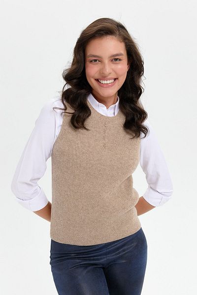 Desen Triko Beige Women's Woolen Sweater - Zero Collar, Seamless and Front Button