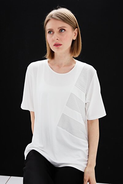 Desen Triko Women's Crew Neck Chain Fabric Combed Cotton T-shirt Bone