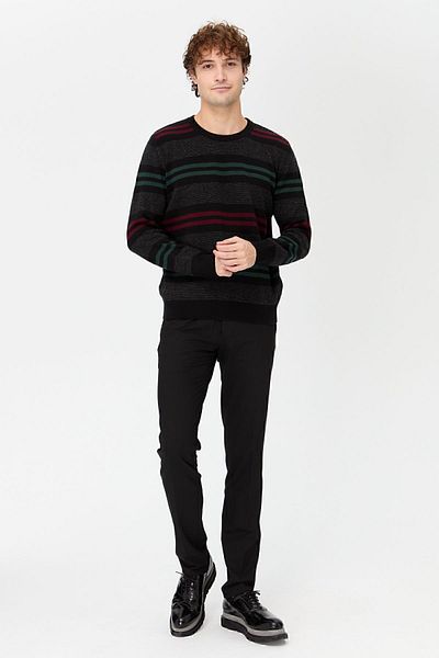 Desen Triko Pulover de lână clasic cu dungi colorate pentru bărbați, negru