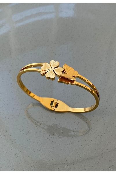 Goldline Steel Handcuff Bracelet Clover And Butterfly Model Does Not Tarnish