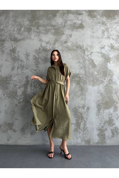 Bak'ap Long Poplin Dress with Bat Sleeve Belt Detail