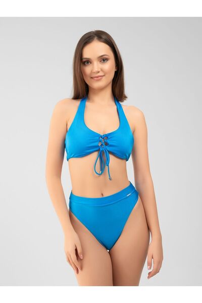 PINKYSWIM Mavi Dikişsiz Önden Bağlamalı Bikini Üstü