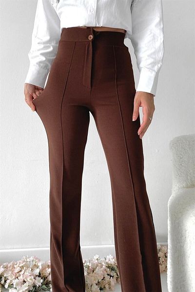 hira fashion Women's Brown Ribbed Stitched Gathering High Waist Lycra Flared Trousers