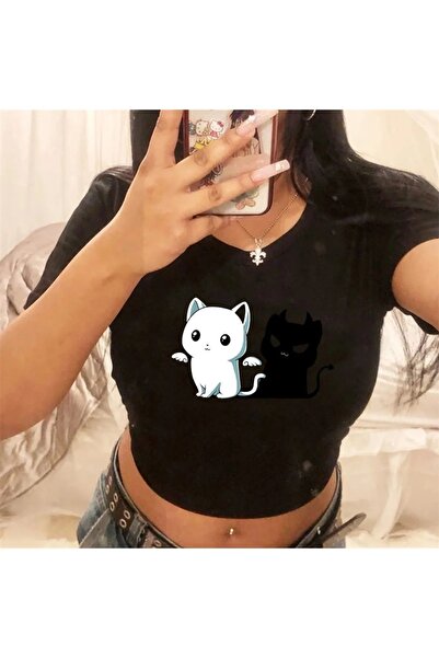Le Savu Sevunera Angel And Devil Cat Μαύρο Χρώμα Crop