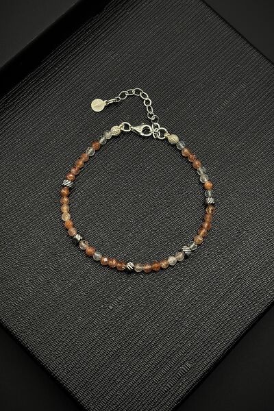 FRNCH 925 Ayar Gümüş ve Güneş Doğal Taşlı Turuncu Erkek Bileklik FRJ12334-3334-T