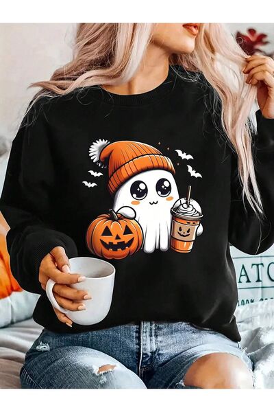 aynewmoda Черен суитшърт с качулка и принт на Хелоуин