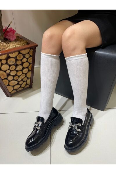 İST FİDAN KUNDURA Kadın Kalın Taban Loafer Makosen Ayakkabı Taşlı Tokalı Y248420