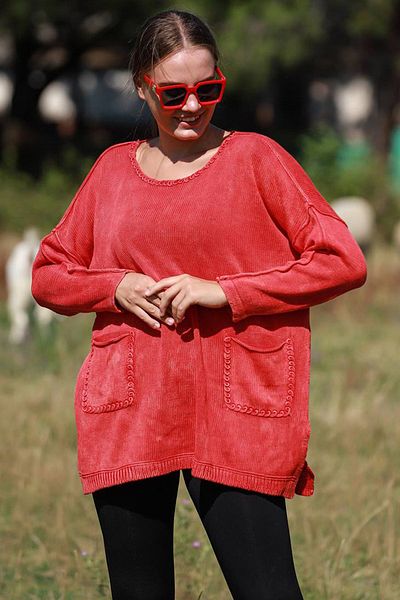 AYASOFYA OTANTIK Red Oversize Knitwear Sweater - Crew Neck, Pocket, Loose Cotton Bluz