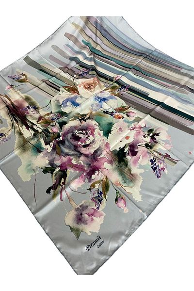 PİRAMİT 90cm X 90cm Pyramid Digital Printed Flower Patterned Gray Scarf - Es-02