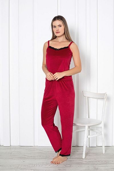 Farya Home Set de pijamale din 3 piese din catifea cu dantelă de vis, roșu claret