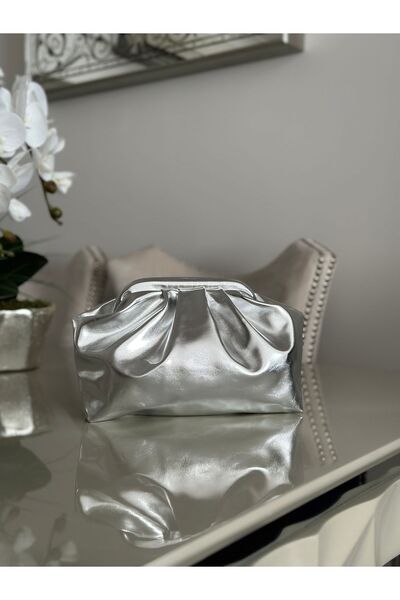mossi Women's Silver Shiny Faux Leather Strap Clutch Daily and Evening Dress Bag