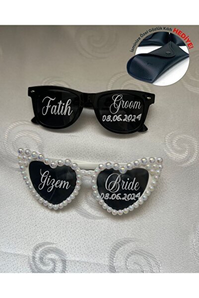Zelisceisler İsme Özel Kılıflı Bride Gözlük, Baskılı Gözlük, Gelin Damat Isim...