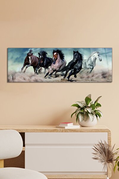 Vosevu Toz İçinde Koşan Atlar Panoramik Cam Tablo, Modern Ev ve Ofis Dekoru, ...