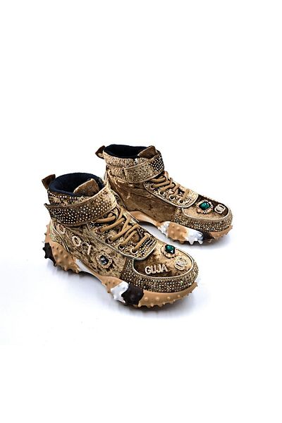 Guja Camel Colored Rhinestones and High Top Women's Sneakers - Special Design