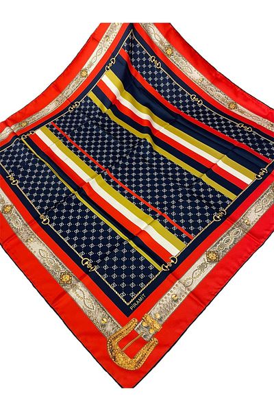 PİRAMİT Orange Navy Blue Geometric Patterned Pyramid Scarf - 90cm X 90cm Es-30