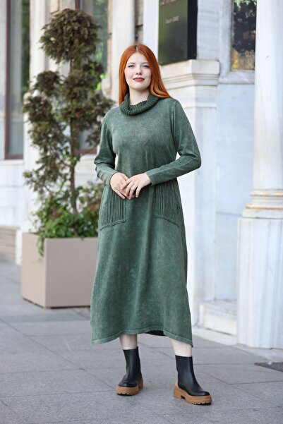 AYASOFYA OTANTIK Khaki Knitwear Dress with Shawl Collar and Pocket Detail, Loose Cotton