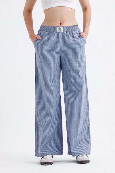 Jardin du Soleil Dark Blue Striped Cotton Regular Trousers