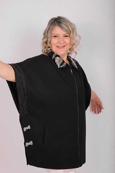 Hitit Butik Black Poncho with Embroidered Collar