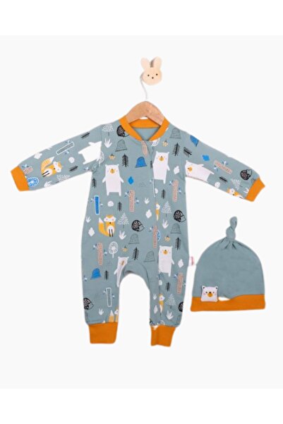 PONÇİK BEBEK رومبير للأطفال من عمر 0 إلى 1 سنة بتصميم حيوانات الغابة - مع قبعة