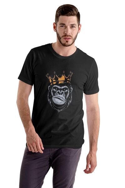 Butik Kral Maymun Baskılı Tişört Siyah Unisex