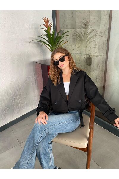 Niceboutique Oversize Düğme Detaylı Belden Kuşaklı Siyah Kısa Trençkot