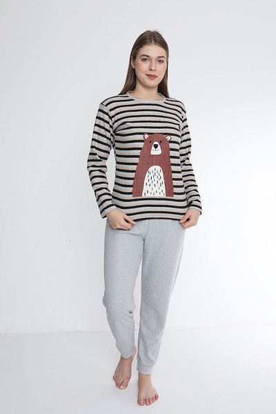 FAMES PİJAMA Striped Patterned Rose Gold Interlock Fabric Long Sleeve Women's Pajama Set