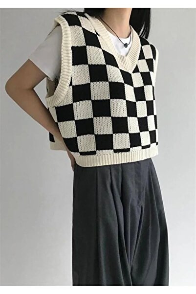 KNİTİCAL TEKSTİL Knitical Harajuku Siyah Beyaz Kareli Kare Desenli Oversize Unisex Süveter