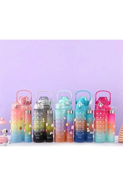 Keyfi Sepet 2lt+900ml+600ml Tritan Gym Water Bottle Drinker - Motivational Set of 3