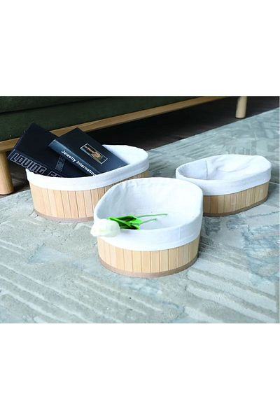 Keyfi Sepet BAMBOO 3-PIECE BASKET BATHROOM BASKET KITCHEN BASKET OVAL