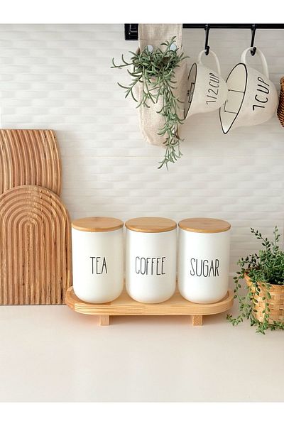 Minika Home 1000 ml Tea-Coffee-Sugar Glass Jar Set - Set of 3 with Wooden Stand and Riser