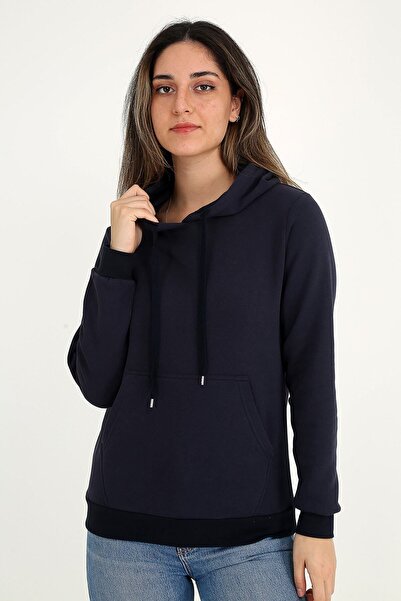 Kapüşonlu, Kanguru Cepli, Lacivert, Kadın Sweatshirt.