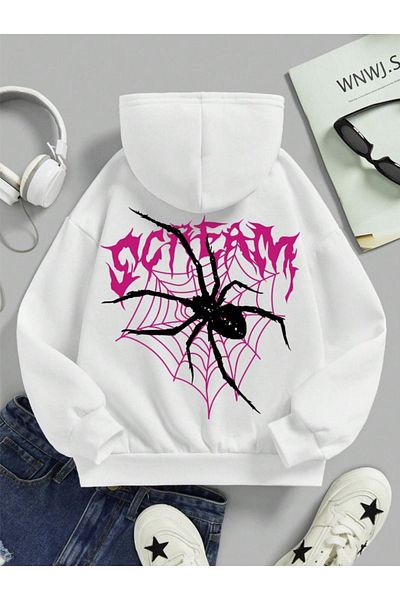 LA GULER Scream Spider Printed Unisex Χειμερινή κουκούλα με κουκούλα - Φούτερ με 3 νήματα βαμβακερή σαρδόνη