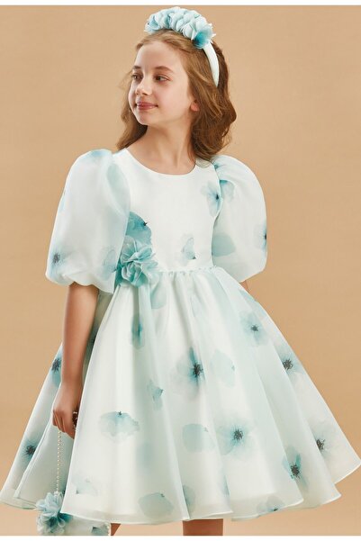 SIRRI Çiçek Desenli Balon Kol Organze Elbise - 3 Parça Set (Taç ve Çanta)