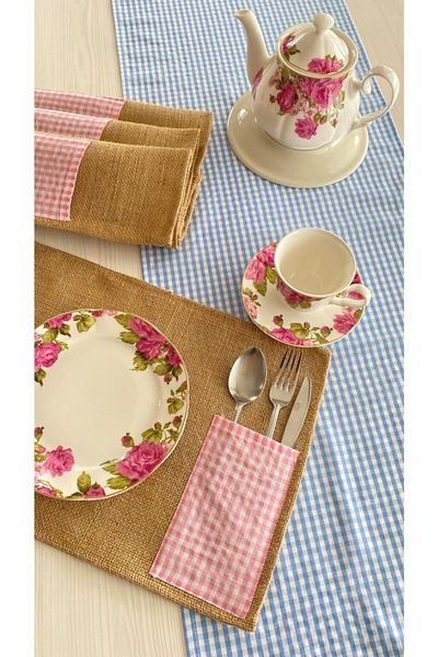 White Alamode Σετ σέρβις Gingham Blue Runner And Jut Pink American Service