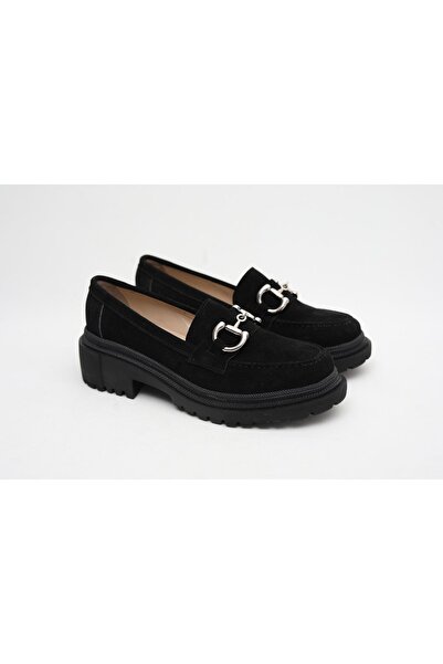 LA PASSION Black Buckle Genuine Suede Thick Sole Loafer