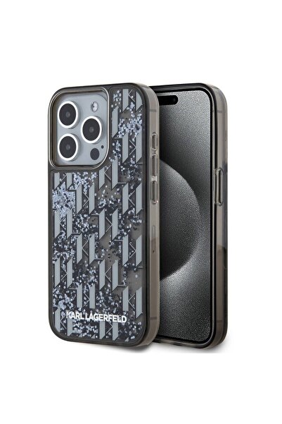 Karl Lagerfeld حافظة آيفون 15 برو متوافقة مع حافظة كارل لاغرفيلد كارل لاغرفيلد مرخصة فضية KL مطبوع عليها حرف واحد فقط متدرج أسود