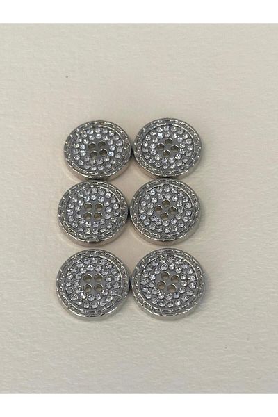 ODDA TASARIM ATÖLYESİ 24 Size Silver Colored Crystal Stone Detailed 4 Hole Sewn Button Set