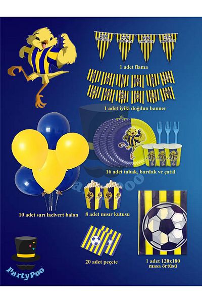 PartyPoo ⚽   Σετ πάρτι γενεθλίων ποδοσφαίρου Yellow Navy Blue για 16 άτομα – Πακέτο ειδικής γιορτής φανατικών