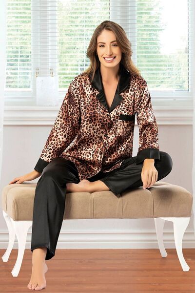 ROZELT Set pijamale cu mânecă lungă cu imprimeu leopard din satin negru - Buzunare și nasturi 4R.6O.0Z.E5L.T