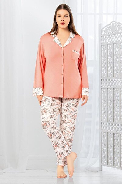 ROZELT Σετ πιτζάμες με μοτίβο λουλουδιών σολομού - με κουμπί, 8R8O0Z3EL.T