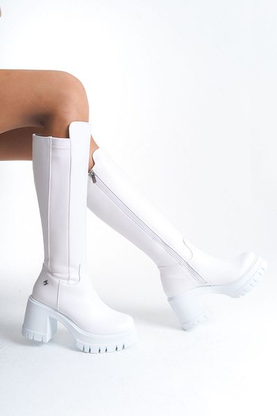SEEM & BE Weiße Elsa Stretch-Damenstiefel mit Reißverschluss und dickem Absatz