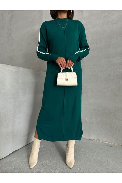 Lusin Πλεκτό φόρεμα Nefti Green Midi - Λεπτομέρεια ρίγες, μακρυμάνικο
