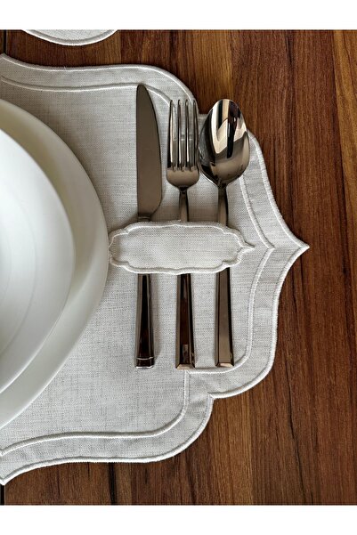 NURHAN HOME COLLECTION 6 Adet Çift Sıra Ekru Nakışlı Kaşıklıklı Amerikan Servis Supla